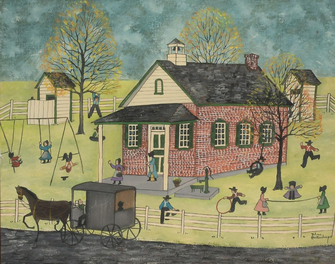 DOLORES HACKENBERGER AMISH SCHOOLHOUSE PAINTING: HACKENBERGER, Dolores, (American, b. 1930): Amish Schoolhouse, Oil/Canvas, 16" x 20", signed lower right, barn wood style frame, 20" x 24".