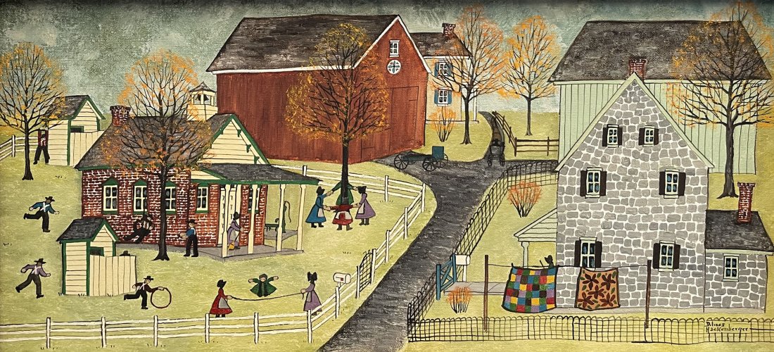 DOLORES HACKENBERGER AMISH VILLAGE PAINTING: HACKENBERGER, Dolores, (American, b. 1930): Amish Village, Oil/Canvas, 12" x 24", signed lower right, framed, 15.5" x 27.5".
