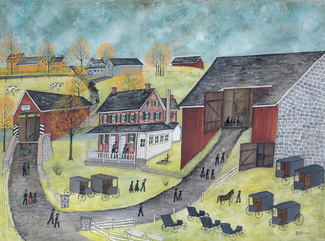 DOLORES HACKENBERGER AMISH TOWN NAIVE PAINTING: HACKENBERGER, Dolores, (American, b. 1930): Naive Amish Town, Oil/Canvas, 22" x 30", signed lower right, framed, 28" x 35.75".