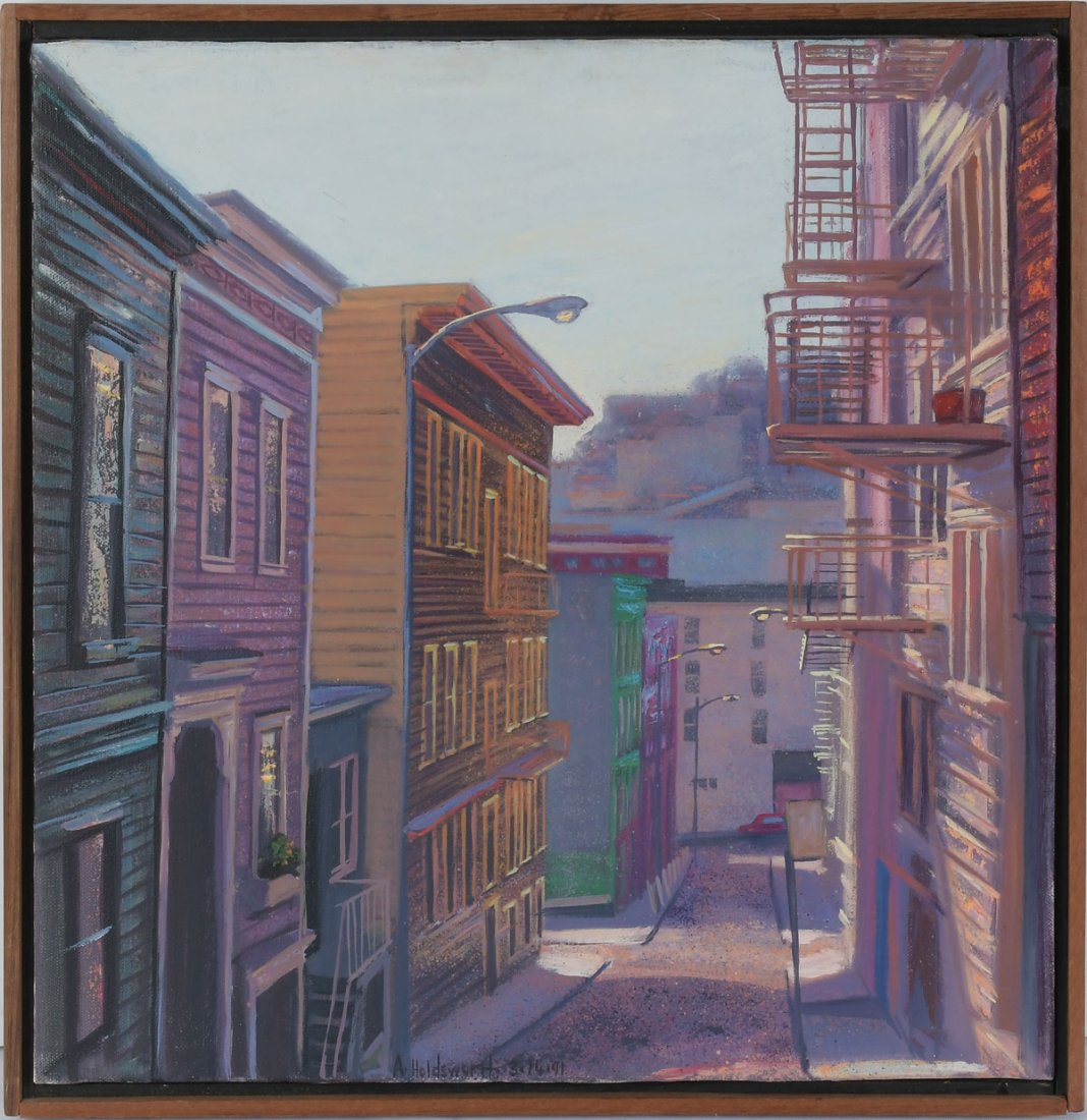 ANTHONY HOLDSWORTH PAINTING HOUSES OF REPUTE: HOLDSWORTH, Anthony, (American, b. 1945): "Houses of Repute", Oil/Canvas, 18" x 18", signed lower margin and dated '91, signed, titled and dated verso, framed, 19" x 19".