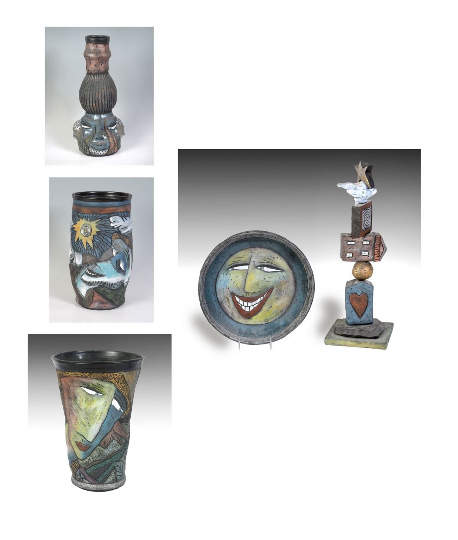 DAVID STABLEY ART POTTERY COLLECTION: DAVID STABLEY ART POTTERY COLLECTION: 1) Tall hand thrown 3 tier vase has an Inca-like face on the bottom, a bulbous mid-section and the top section has a copper-like patina. Measures 14.25" h. Signed