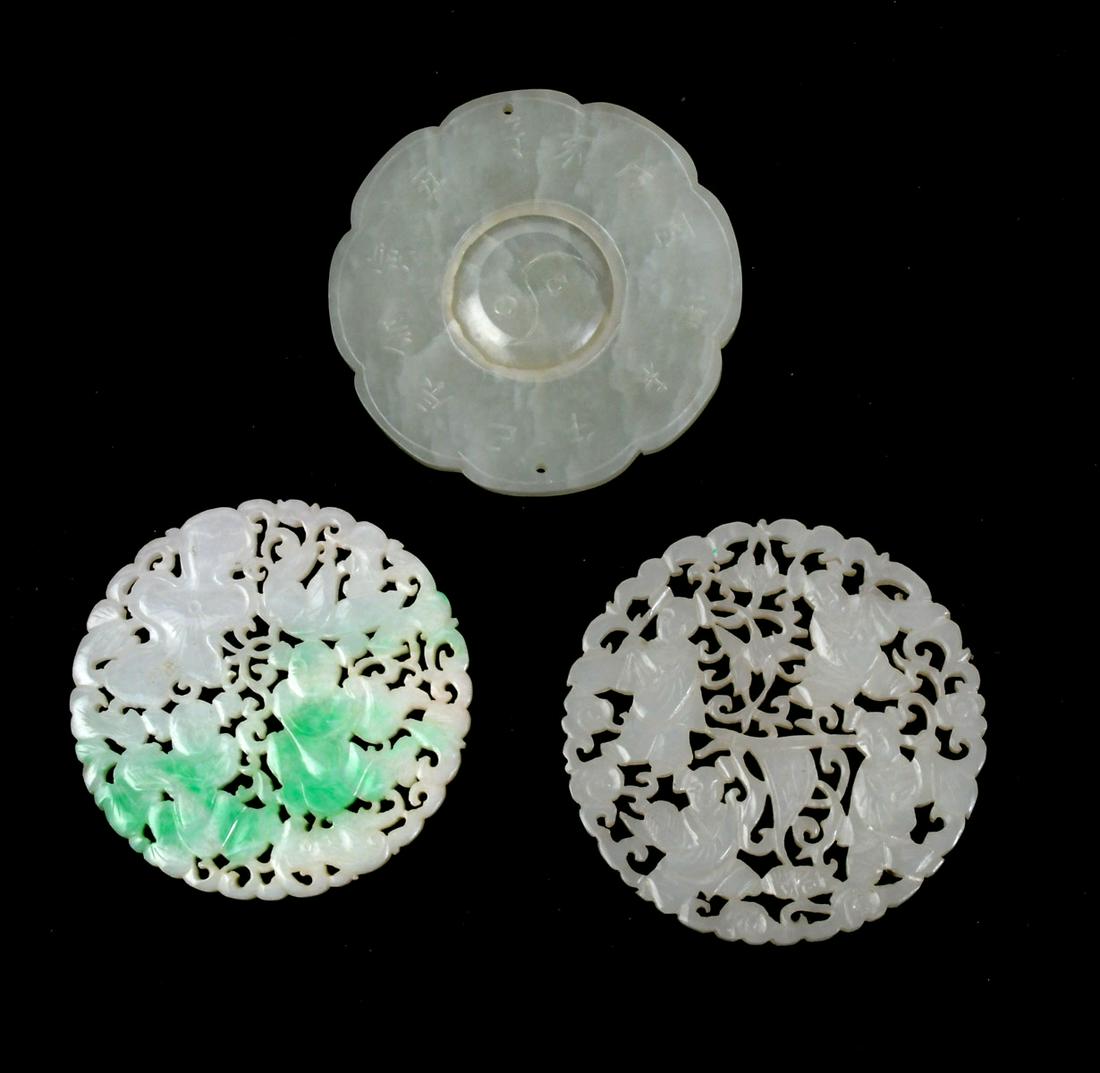 3 PC. CHINESE CARVED JADE PENDANTS: 3 PC. CHINESE CARVED JADE PENDANTS: Carved & pierced, 2- Having young warriors amongst a scrolling design. 1- Having a Daoist or Buddhist design with a central carved spinning Yin & Yang symbol. Large