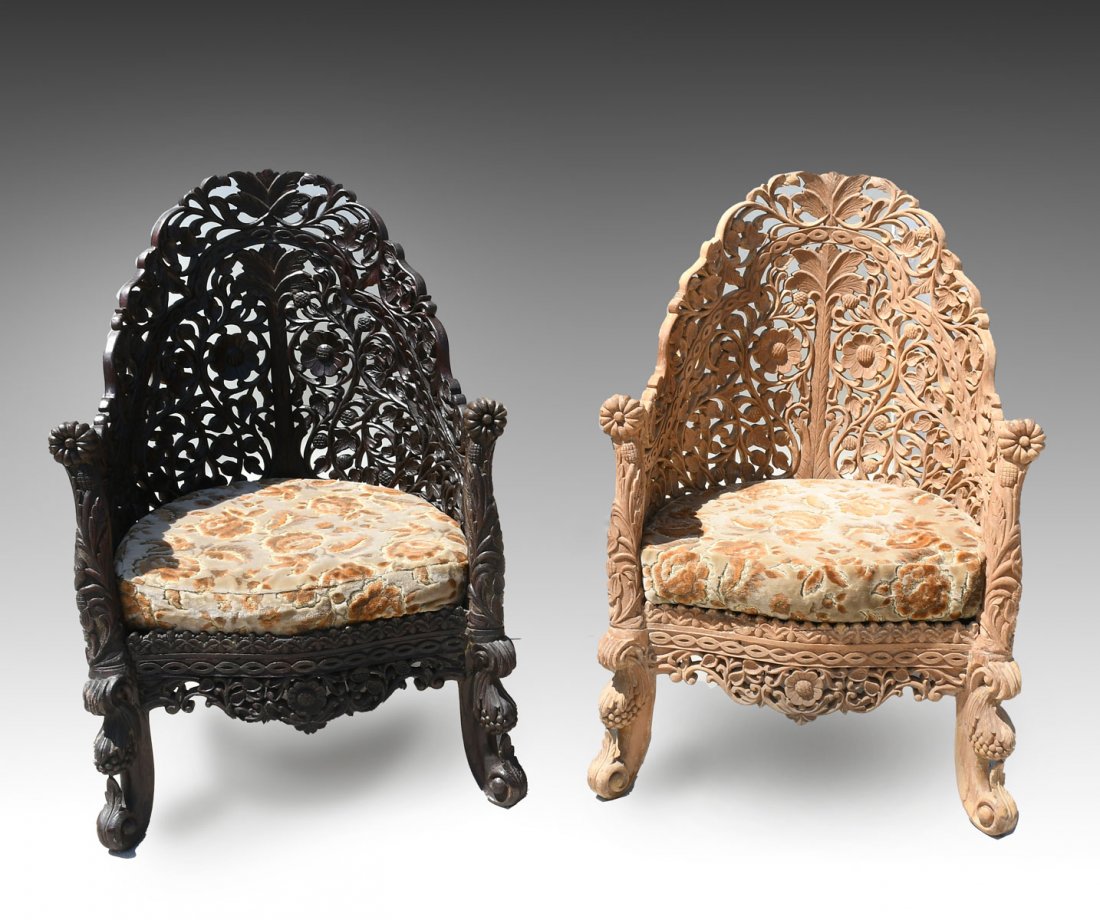 PAIR OF BURMESE CARVED CHAIRS: PAIR OF BURMESE CARVED CHAIRS