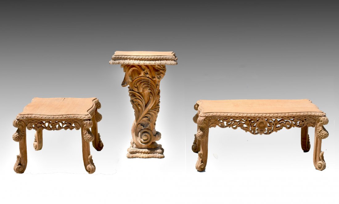 BURMESE COFFEE TABLE, SIDE TABLE, & PLANT STAND: BURMESE COFFEE TABLE, SIDE TABLE, & PLANT STAND: Tables, having Overall carved & pierced floral & scrolling foliate design with Grape cluster knees. Plant stand has a scrolling foliate motif. Plant st