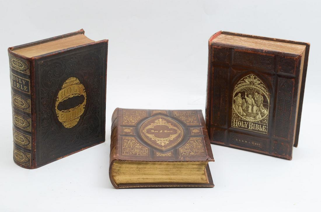 3 PC. HOLY BIBLES: 3 PC. HOLY BIBLES: All with embossed & gold covers. Comprising; Search the Scriptures, Be Coven You Seek, & Asa Carr. Largest Approx. 12.25" h x 10.25" l x 4" w.