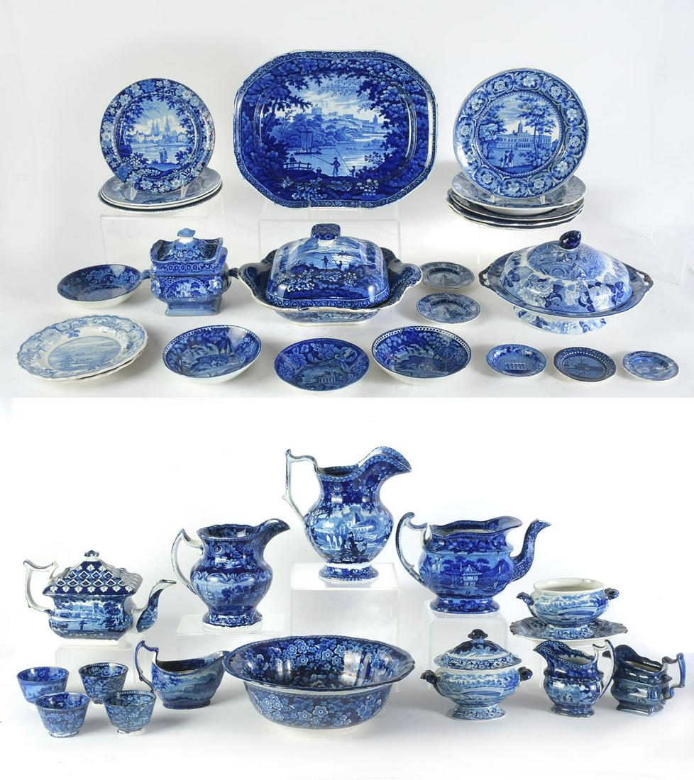 LARGE COLLECTION OF HISTORIC STAFFORDSHIRE: LARGE COLLECTION OF HISTORIC STAFFORDSHIRE: Comprising; Pitchers, Covered dishes, platter, Coffee pot, Teapot, Plates, Bowls, Mixing bowl, Water pitchers, and more. Largest Approx. 4.5" h x 13" dia.