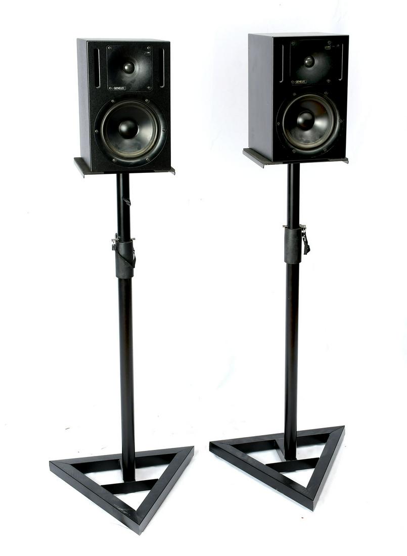 PAIR OF GENELEC SPEAKERS: PAIR OF GENELEC SPEAKERS: Approx. 12.25" h x 8" l x 9.5" w. On stand at lowest height. Approx. 50.75" h. From the estate of John Ariosa Jr., founder of the Sheffield Institute for the Recording Arts.