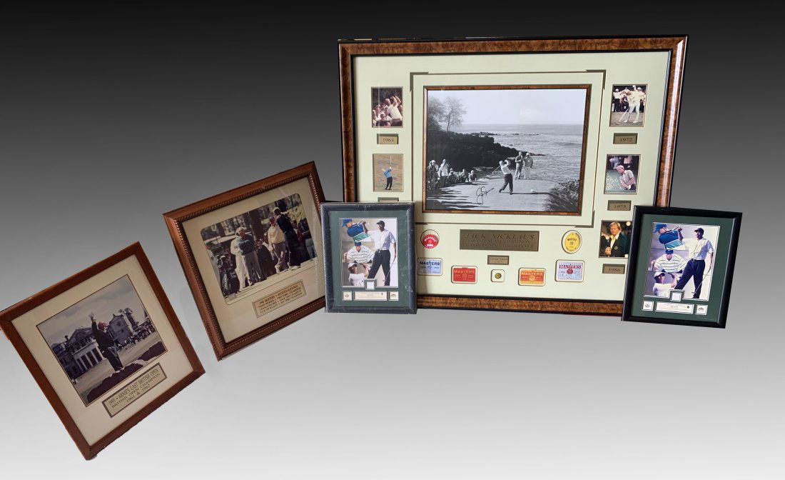 FRAMED GOLF PHOTO COLLECTION: FRAMED GOLF PHOTO COLLECTION: Comprising; 2- Tiger Woods tournament-worn shirty swatches, 1- 1995 "Arnie's Last British Open, 1- 1996 Masters picture with Tiger Woods, Arnold Palmer, & Jack Nicklaus,