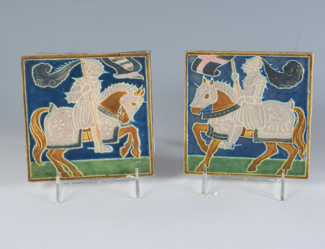 2 PC. ALHAMBRA KNIGHTS ON HORSEBACK MOTIF TILES: 2 PC. ALHAMBRA KNIGHTS ON HORSEBACK MOTIF TILES: Pair Alhambra Tile Company, Northern Kentucky tiles with Medieval Knights preparing for a joust on horseback. Each Approx. 5.75'' h x 5.75'' w.