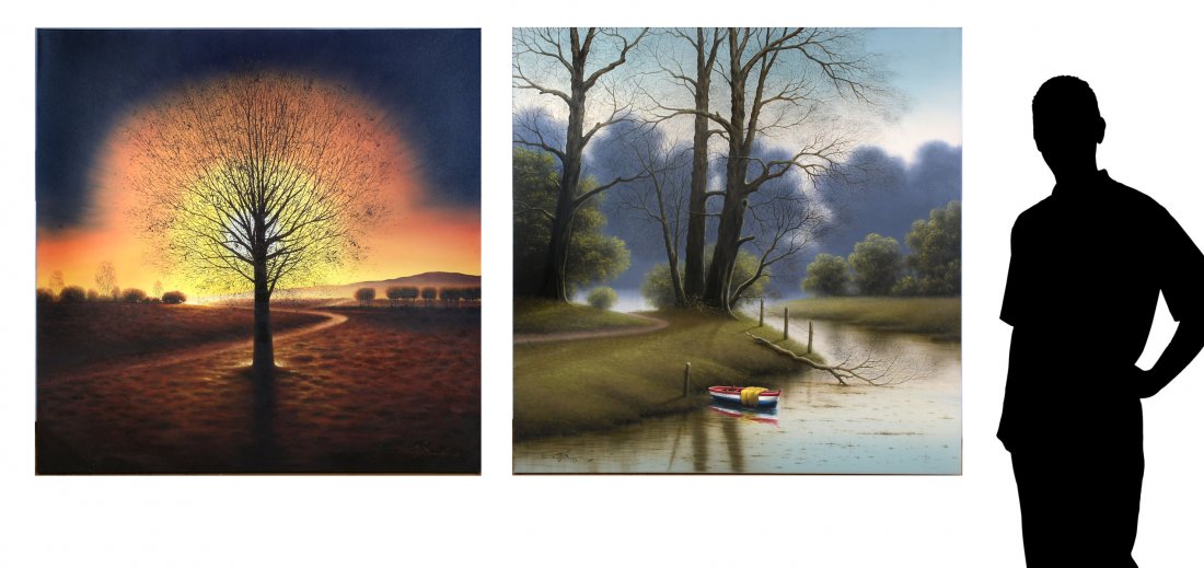 TWO LARGE MARIO JUNG PAINTINGS: JUNG, Mario, (South Korean, b. 1949): Two Oils on Canvas: 1) "Thoughts on the Water", 48" x 48", signed lower left and dated 2000, Certificate of Authenticity affixed verso, unframed; 2) "Landscape wi