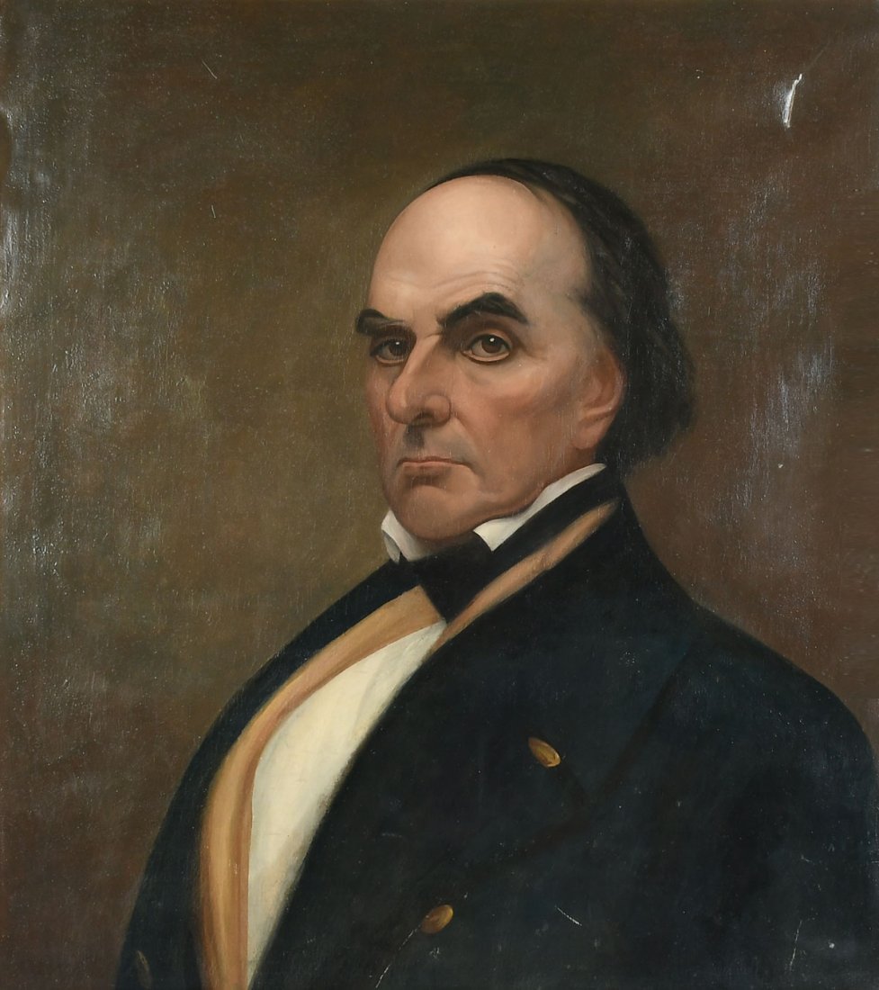 EXCEPTIONAL PORTRAIT PAINTING OF DANIEL WEBSTER: EXCEPTIONAL PORTRAIT PAINTING OF DANIEL WEBSTER: Probably 19th Century, Oil/Canvas, 30.5" x 25.25", flame grain mahogany frame, 35.5" x 32".