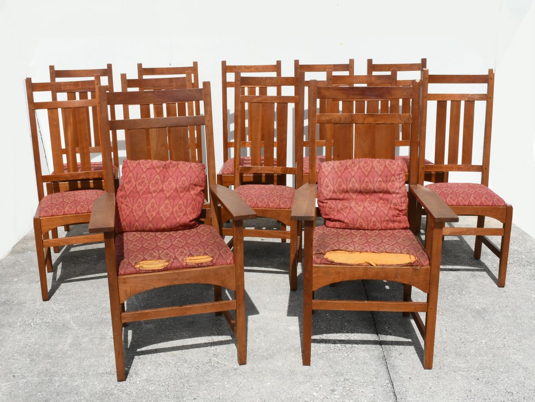 12 STICKLEY CHAIRS: 12 STICKLEY CHAIRS: Arts & crafts style Stickley, stamped at underside. Armchairs Approx. 43.5" h x 25" l x 24" w. Side chairs Approx. 42.5" h x 16.75" l x 20" w.