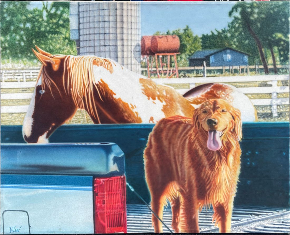 LARGE D.W. COEN AIRBRUSH PAINTING OF DOG AND PONY: COEN, Donald, (American, 1935-): Best Friends, Dog and Pinto Pony on a farm, Oil/Canvas, 48.5" x 59.5", signed lower left, unframed.