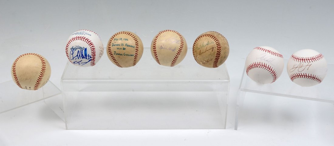 SEVEN AUTOGRAPHED BASEBALLS: SEVEN AUTOGRAPHED BASEBALLS: Six are official MLB baseballs, one unofficial. Three Rollings, three Spaldings, and one unknown. From the Michael Brown collection.