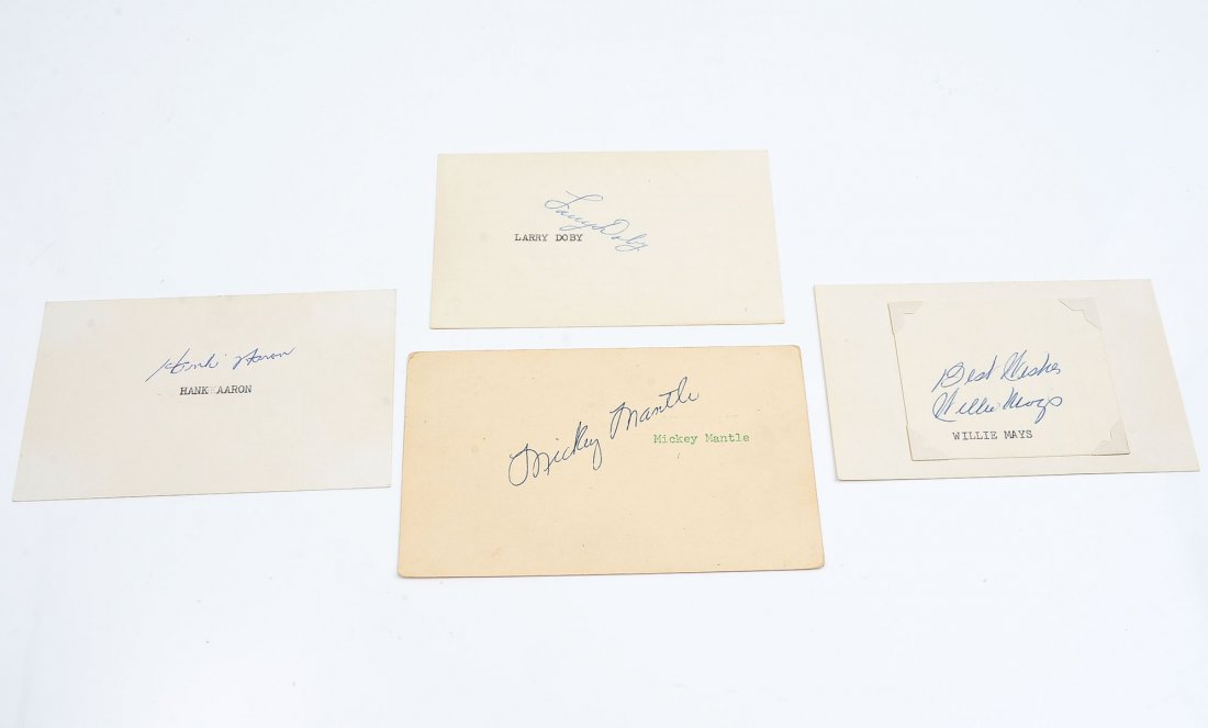 LOT OF FOUR PREMIER MAJOR LEAGUE BASEBALL PLAYER A: LOT OF FOUR PREMIER MAJOR LEAGUE BASEBALL PLAYER AUTOGRAPHS: Hank Aaron, Mickey Mantle, Willie Mays, and Larry Doby. On index cards, from the Michael Brown collection.