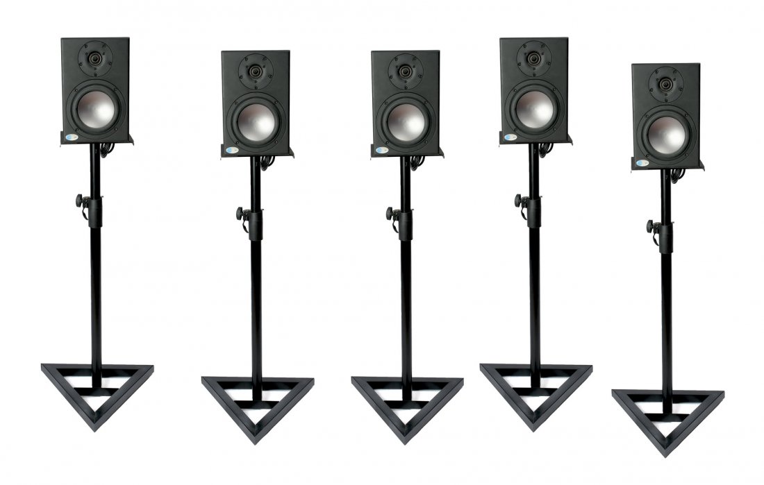 5 BLUE SKY SPEAKERS: 5 BLUE SKY SPEAKERS: Speakers Approx. 12.5" h x 8" l x 11.75" w. On stand Approx. 50.75" h. From the estate of John Ariosa Jr., founder of the Sheffield Institute for the Recording Arts.