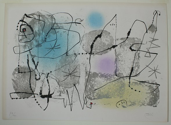 SIGNED ORIGINAL JOAN MIRO LITHOGRAPH SOMMEILS: MIRO, Joan, (Spanish, 1893-1983): ''Sommeils'', Color Lithograph, sight size 15'' x 21 1/4'', 22 1/4" x 16" with margins, pencil signed, numbered 72/100, vintage silver gilt frame, 22 1/4'' x 28 1/2''