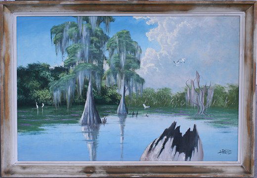 L. ROBERTS FLORIDA HIGHWAYMEN PAINTING: ROBERTS, Livingston, (American, 20th Century): Florida Highwaymen Backwaters Swamp Scene, Oil/Masonite, 24" x 36", signed, original frame, 27" x 39 1/4".