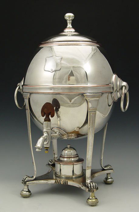 ENGLISH SILVERPLATE COFFEE URN: ENGLISH SILVERPLATE COFFEE URN: Silver over copper. Unknown English makers hallmark. Ovoid shape urn with 4 paw feet on footed stand. Removable alcohol burner. Measure 17 1/2" h. x 12" x 11".