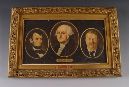 SAPOLIN GOLD ENAMEL PAINT ADVERTISING SIGN: SAPOLIN GOLD ENAMEL PAINT ADVERTISING SIGN: Early 20th century advertisement for Sapolin Gold enamel paint. Chromolithograph portraits of Lincoln, Washington and Teddy Roosevelt, plaque reads "This fr