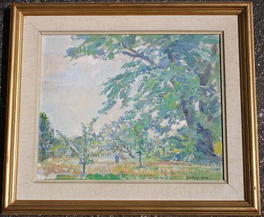 EDVIN OLLERS LANDSCAPE PAINTING 1953: OLLERS, Edvin, (Swedish, 1888-1959): Pasture scene with figure, O/C/Masonite, 14'' x 17 1/2'', signed lower right, dated 1953, encased in gilded frame with wear, 20'' x 23''. Condition - Several paint