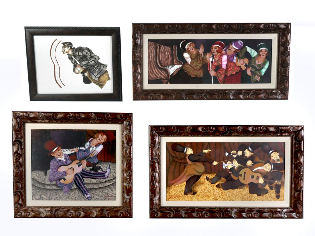 FOUR ORIGINAL MARIO AYER CUBAN PAINTINGS: AYER, Mario, (20th Century): Four Original Paintings, To Include: 1) ''Extrana Manera de Sonar'', Pen and Ink Watercolor, sight size 11.5'' x 15'', signed lower right and dated '02, framed, 15.25'' x 