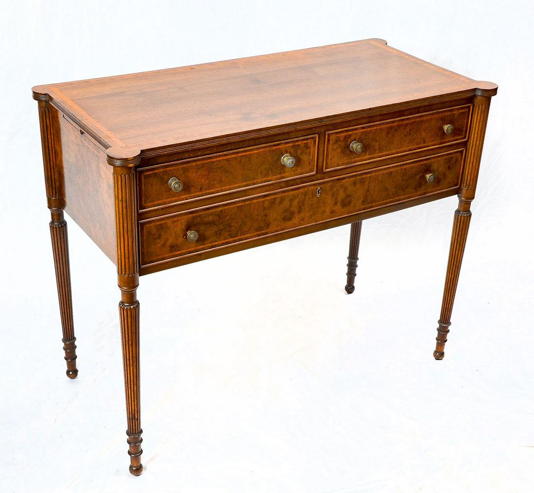 INLAID FEDERAL STYLE SIDEBOARD: INLAID FEDERAL STYLE SIDEBOARD: Centennial 3 drawer banded sideboard, raised on tapered ribbed feet. Approx. 34.25'' h x 42.5'' l x 20.5'' w.