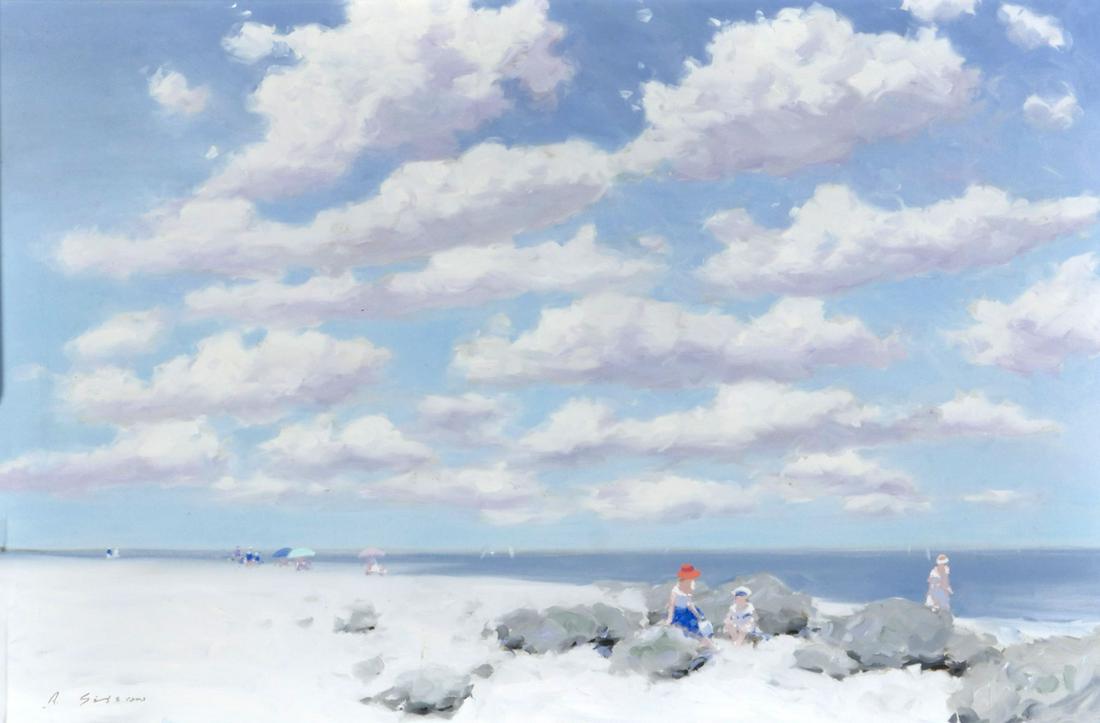 FINE ANDRE GISSON OGUNQUIT BEACH MAINE PAINTING: GISSON, Andre, (American/French, 1921-2003): Ogunquit Beach, Maine, Oil/Canvas, 24'' x 36'', signed lower left, original frame, 31.5'' x 43''. In 1999 the artist replied to former owners by letter and