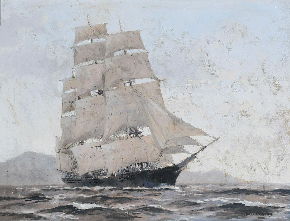 JACK COGGINS MARITIME PAINTING OF A CLIPPER SHIP: COGGINS, Jack, (American, 1911-2006): Clipper Ship at Full Sail Off the Coast, Gouache, sight size 13.5" x 17.5", signed lower right, framed, 18" x 22".