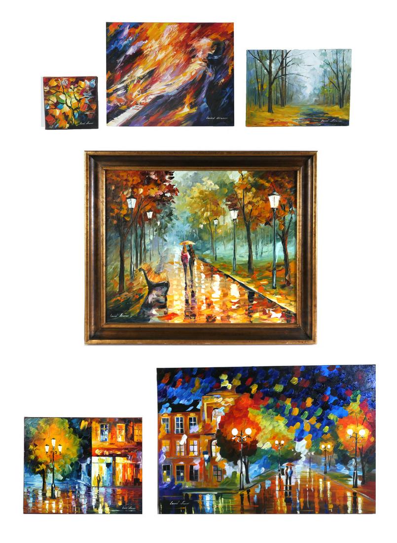 SIX LEONID AFREMOV PAINTINGS: AFREMOV, Leonid, (American/Israeli, b. 1955): Six Oils on Canvas, To Include: 1) Street Scene with Couple, 24" x 35.25", signed lower left, also signed verso and dated 2008, unframed; 2) Small Abstrac
