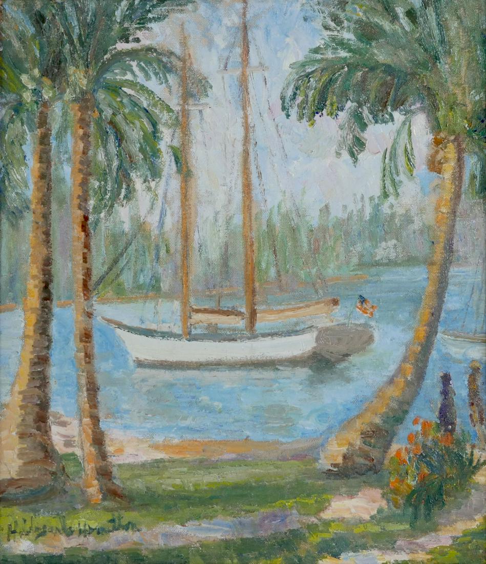 HILDEGARDE HAMILTON FLORIDA LAGOON PAINTING: HAMILTON, Hildegarde Hume, (American, 1898-1970): Sloop in a Florida Lagoon, Oil/Canvas, 16" x 14", signed lower left, framed, 20" x 18".