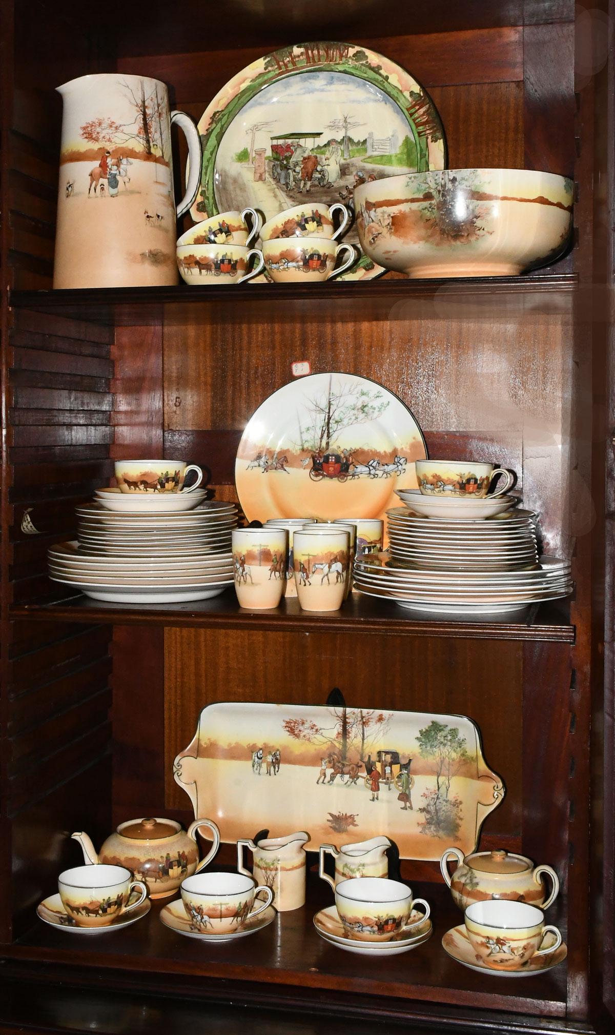 63 PC. ROYAL DOULTON COACHING & HUNTING SCENES CHINA: 63 PC. ROYAL DOULTON COACHING & HUNTING SCENES CHINA: Comprising; 11- Dinner plates, 9- Salad plates, 10- Bread plates, 9- Saucers, 10- Coffee cups, 6- Juice cups, 1- Large & deep bowl, 1- Water pitch