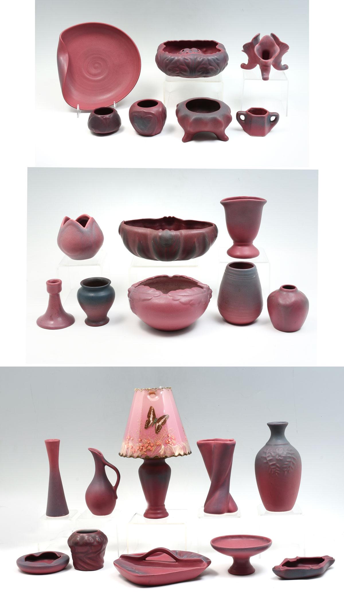 25 PC. MULBERRY VAN BRIGGLE POTTERY COLLECTION: 25 PC. MULBERRY VAN BRIGGLE POTTERY COLLECTION: Comprising; Flower frogs, Lamp, Vases, Ashtrays, Ewer, & bowls. All with appropriate incised marks at undersides. Largest Approx. 13'' h x 7.5'' w.