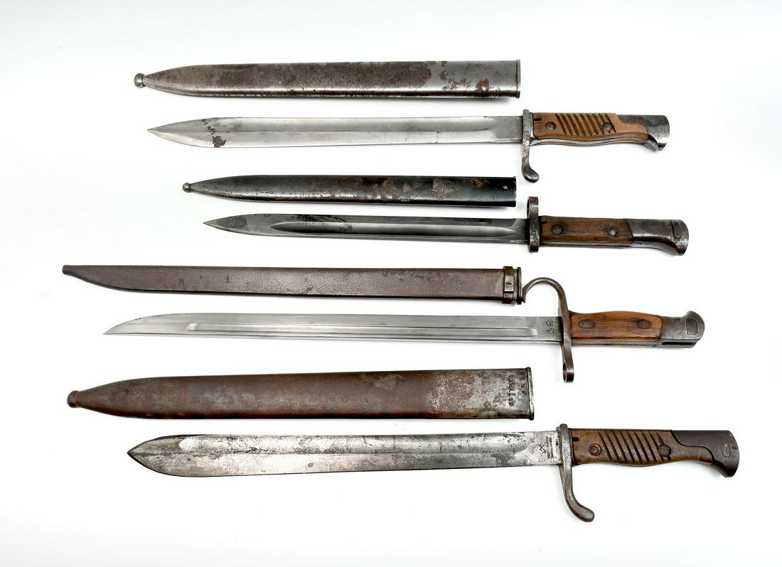 4 PC. GERMAN & CZECH WWI ERA BAYONETS: 4 PC. GERMAN & CZECH WWI ERA BAYONETS: Comprising; 1- Fitchtel & Sachs of Schweinfort, Germany, bayonet with scabbard. Scabbard has numerous impressed star bursts. Impressed maker marks & crown marks 