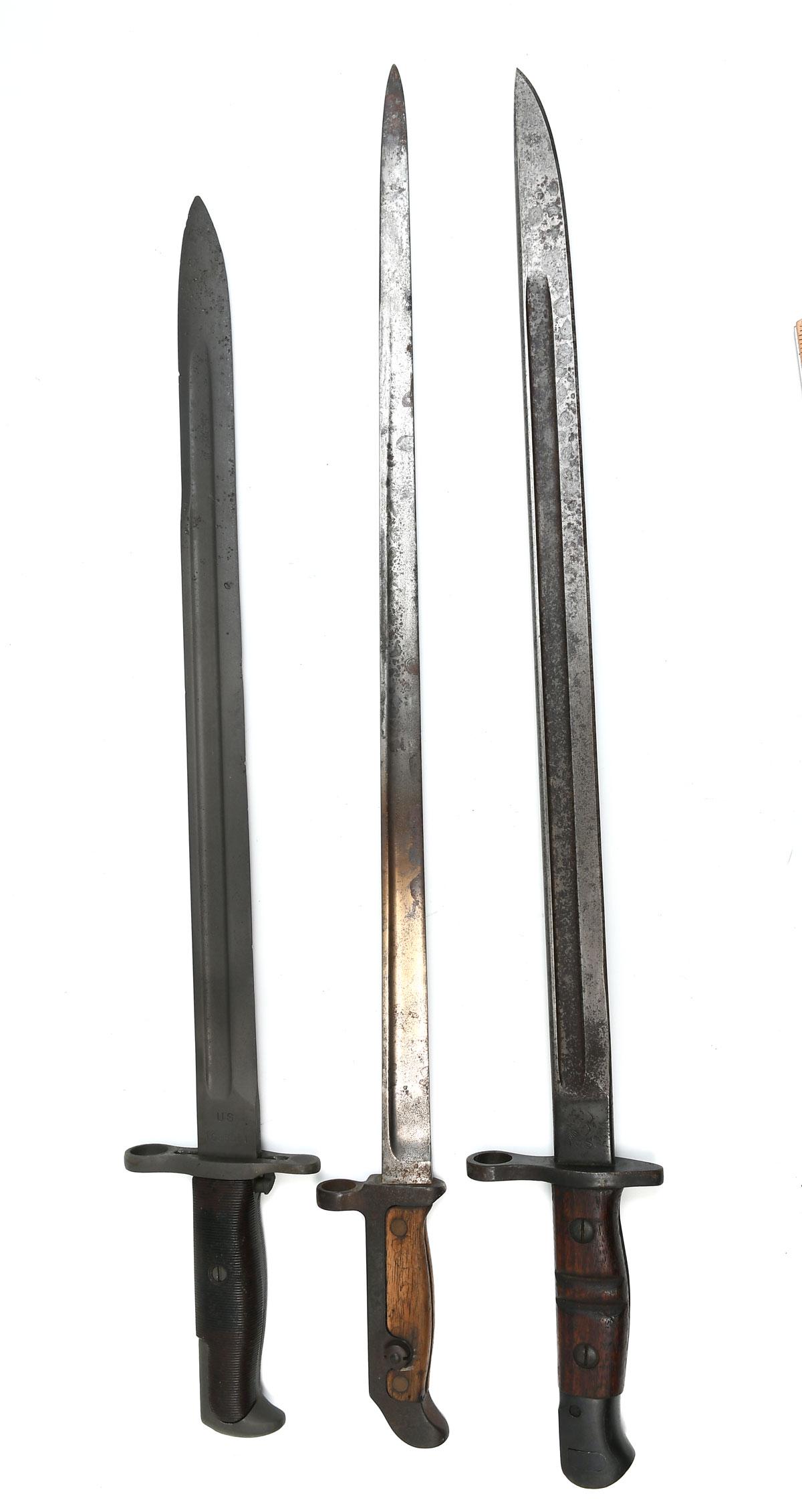 3 PC. AMERICAN AND ENGLISH? BAYONETS: 3 PC. AMERICAN AND ENGLISH? BAYONETS: Comprising; 1- United States Navy MK1 bayonet with scabbard, United States Remington 1917 wood handled bayonet with scabbard, & 1- English? scabbard with leather 