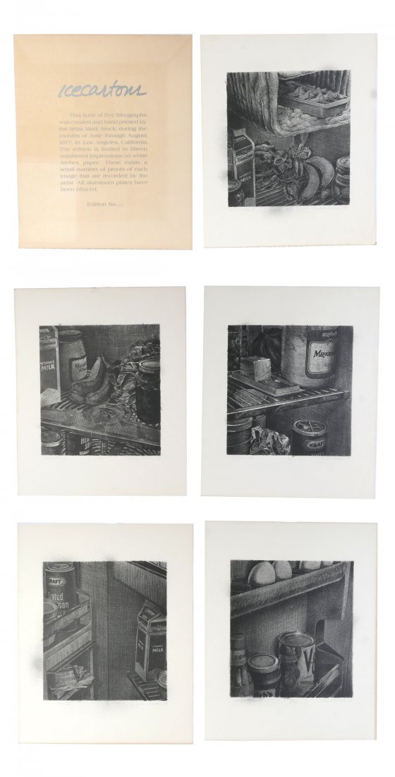 MARK STOCK FIVE LITHOGRAPH PORTFOLIO: STOCK, Mark, (American, 1951-2014): Portfolio titled "Ice Cartons", suite of five lithographs created and hand-printed by Mark Stock in 1977. Edition #2, included with the original envelope and front