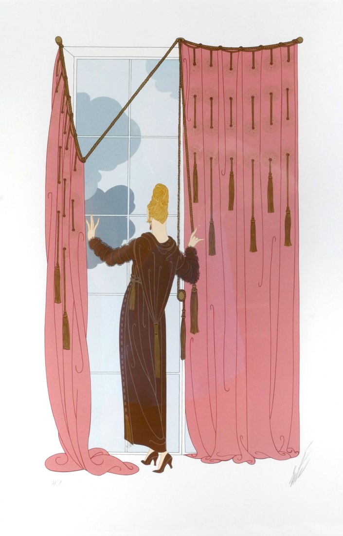 ERTE SERIGRAPH H.C.: ERTE, (American/Russian, 1892-1990): Woman Standing by A Tall Window Parting the Curtain, Serigraph, sight size 22" x 14.5", pencil signed lower right, marked "H.C." lower left, framed, 32" x 24.5".