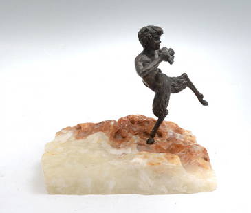 PAUL FAIRLEY LIMITED EDITION BRONZE SATYR SCULPTURE: FAIRLEY, Paul, (Canadian/American, 1948-1991): Young Satyr Playing a Pan Flute Mounted on a Quartz Plinth, overall height 6.5", signed under the base and numbered 344/500.