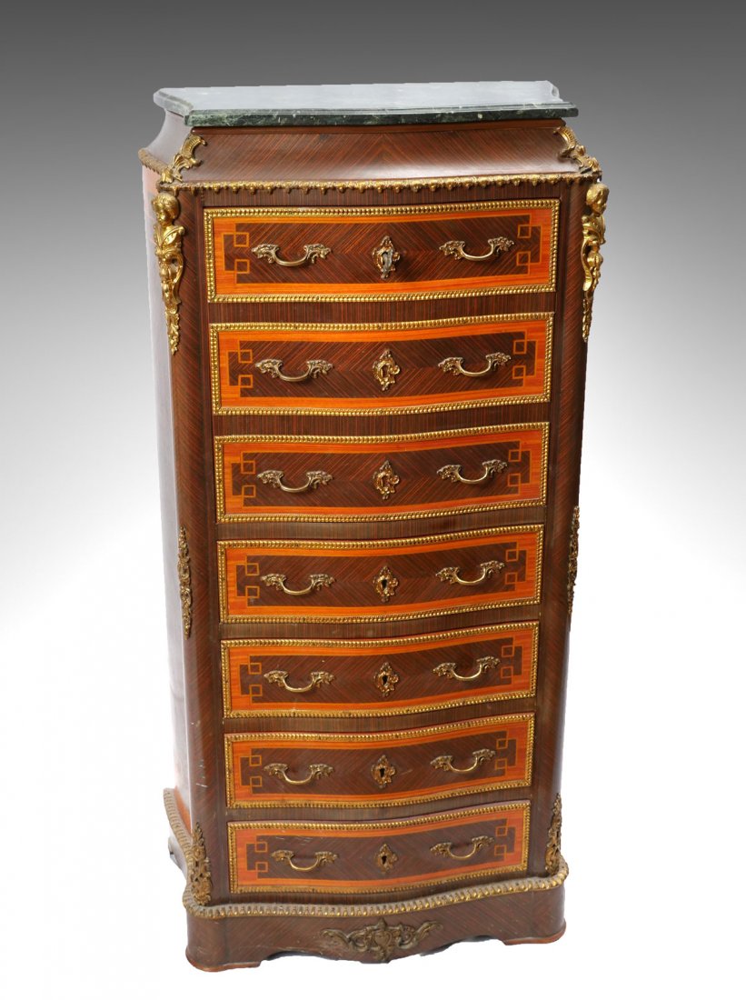 4 DRAWER MARBLE TOP ABBATANT SECRETAIRE: 4 DRAWER MARBLE TOP ABBATANT SECRETAIRE: Surmounting green beveled marble top, over 3 faux drawers that open to reveal a locking compartmented desk with writing surface, over 4 locking drawers. Metal 