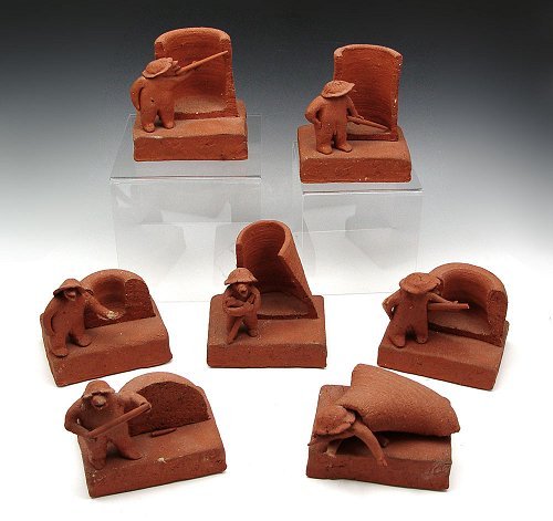 DOUGLAS BALDWIN GREAT DUCK CERAMIC SCHOOL SERIES: DOUGLAS BALDWIN THE GREAT DUCK CERAMIC SCHOOL SERIES OF 7 TERRA COTTA FIGURES: "The Pottery Lesson". Each piece depicts the artists view of a duck making a large pottery vessel, which collapses, the l
