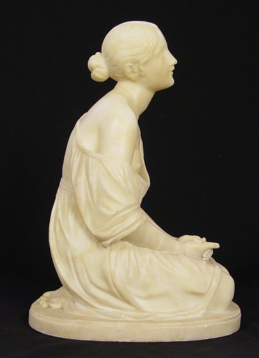 SUPERIOR MARBLE SCULPTURE OF MAIDEN: MARBLE STATUE OF KNEELING MAIDEN: Hands clasped looking upward, no visible signature, 18 1/2'' h x 12'' x 8''
