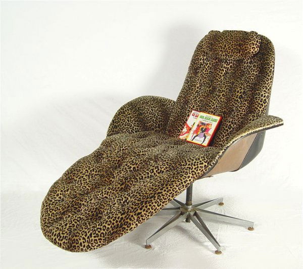 PLYCRAFT MOVIE PROP LOUNGE CHAIR JAMES COBURN: REFITTED 1967 PLYCRAFT LOUNGE CHAIR: Fitted as a barber chair with self storing compartment. This is the actual chair used as movie prop in the James Coburn movie ''In like Flint''. Prominently featur