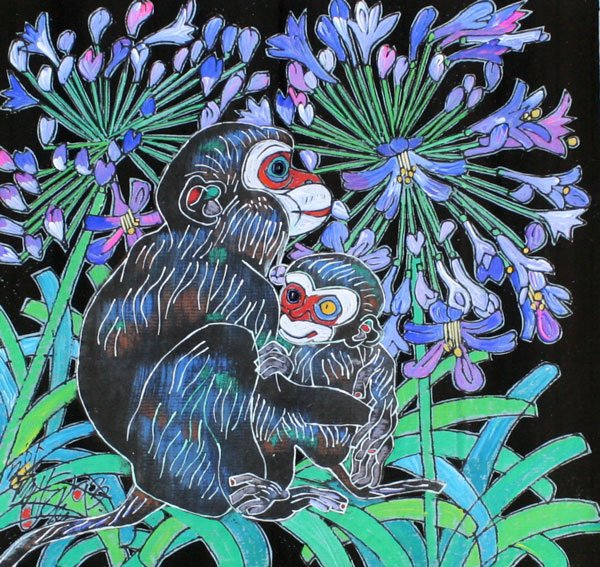 JIANG TIEFENG CHINESE GOUACHE PAINTING: TIEFENG, Jiang, (Chinese, 1938-): "Affection", depicts Mother and Child Monkey in the Jungle, Gouache/Paper, sight size 12" x 12", signed and dated '93, Dyansen Gallery label verso, custom lacquer fra
