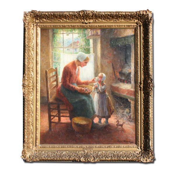 EUGENE MULLERT PAINTING: MULLERT, Eugene, (Dutch-American, 1869-1963): ''Mother & Child by a Sunlit Window'', Oil/Canvas, signed and dated 1927 lower right.