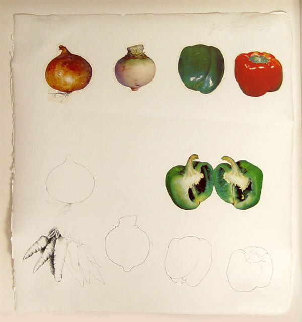 JIM DINE SPLIT PEPPER COLLAGE/LITHOGRAPH: DINE, Jim, (American, 1935-): Split Pepper, Collage with Lithograph, 18" x 16", pencil signed numbered 40/96, framed, 23" x 21", float mounted.