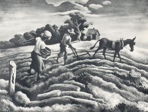 THOMAS HART BENTON PLANTING LITHOGRAPH: BENTON, Thomas Hart, (American, 1889-1975): ''Planting'', AAA Lithograph, sight size 10 1/4'' x 13'', 11 1/4'' x 14 3/4'' with margins, pencil signed, AAA label verso, framed, 17'' x 26 1/2''.