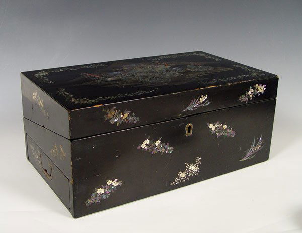 CHINESE MOTHER OF PEARL LACQUER LAP DESK: CHINESE BLACK LACQUERED AND ABALONE LAP DESK: Inlaid Abalone depicting homes on a hillside landscape, inlaid floral sprays throughout. Note inside is missing writing tablets. Drawer on left side conta