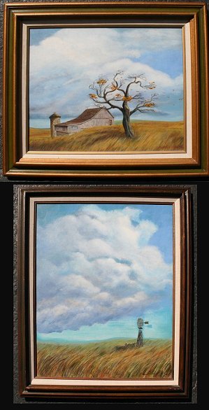 LD DUBOIS 2 PC PRAIRIE SCENE PAINTINGS: DUBOIS, L. V., (American, 20th C): 2 piece Prairie Scenes. "Prairie Farm", Depicts Lone House on a Prairie, Oil/Canvasboard, 16" x 20", framed, 22" x 27", label from Tampa Museum exhibition dated 1980