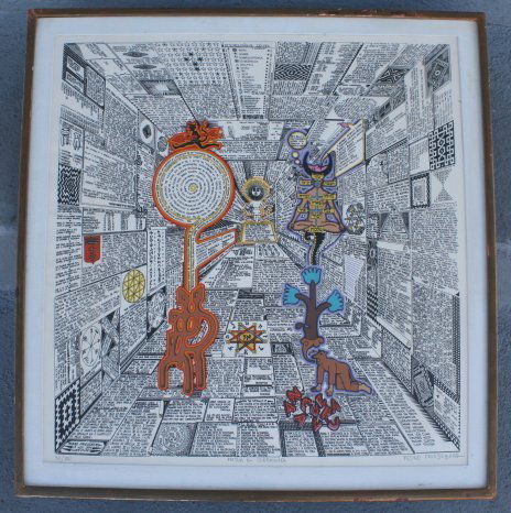 PEDRO FRIEDEBERG 'MATTIAS EN CUERNAVACA' SERIGRAPH: FRIEDEBERG, Pedro (American, 1937-): "Mattias en Cuernavaca", Serigraph, sight size 22 1/4" x 22 1/4", pencil signed lower right, numbered 40/100 lower left, signed and titled, gold frame with wear, 2