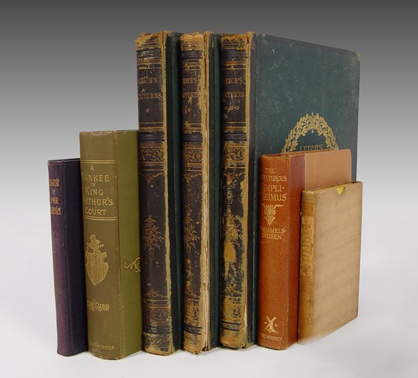 7 PIECE COLLECTION OF ANTIQUE BOOKS TWAIN & MORE: 7 PIECE COLLECTION OF ANTIQUE BOOKS: To include 1) RABAIYAT by Omar Kháyyám. Translated by Edward Fitzgerald. Introduction by Joseph Jacobs. Designs by Frank Brangwyn. London: Sampson Low, Marston &